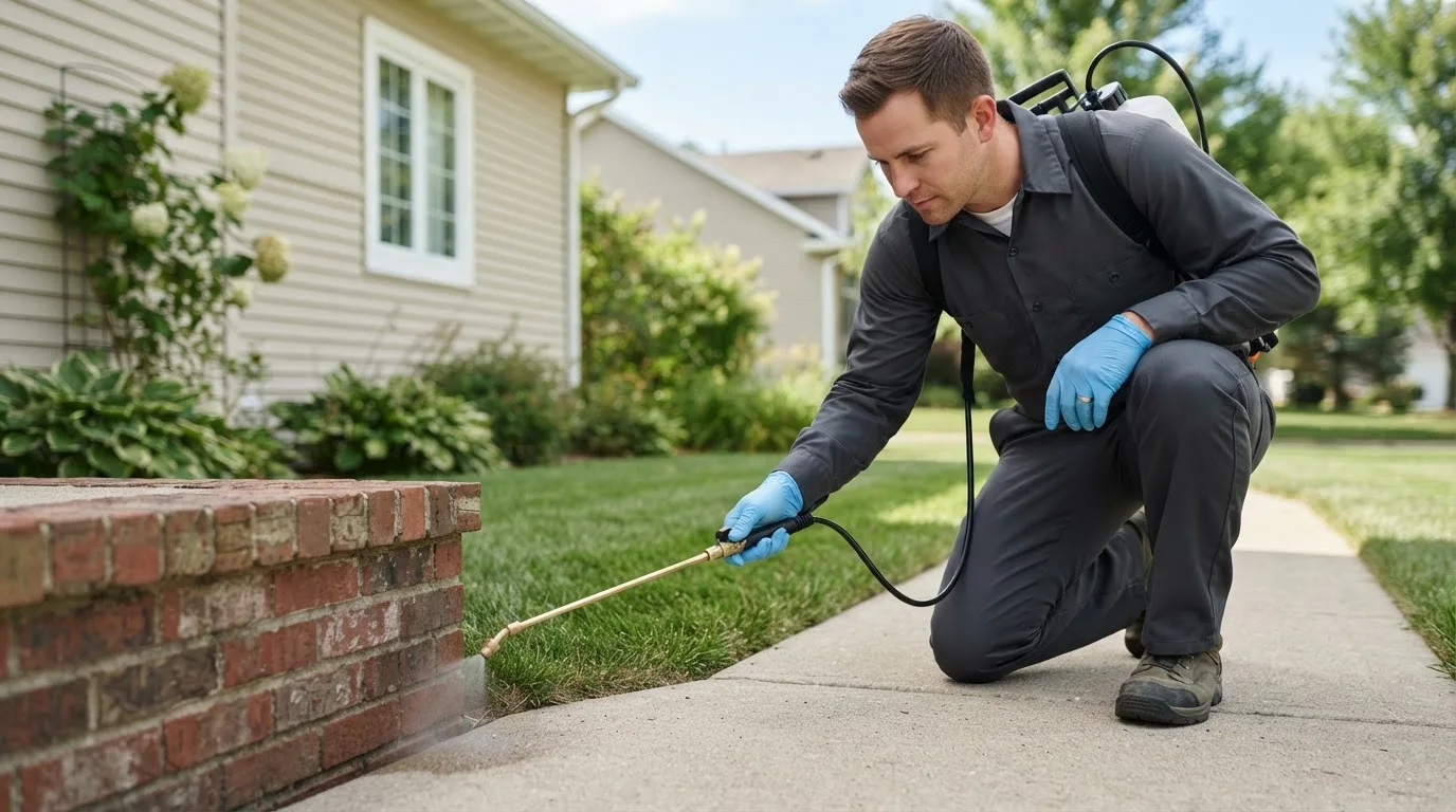 Pest control technician treating a home near Menoken, ND
