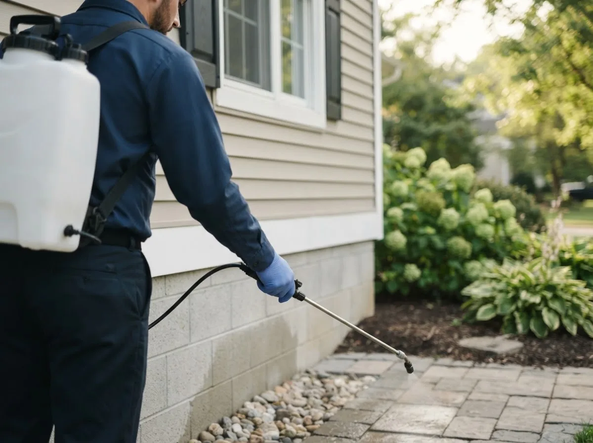 Pest control technician inspecting a home in Menoken, ND